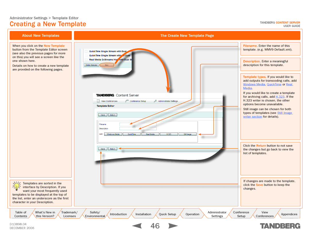 TANDBERG D13898.04 manual Creating a New Template , About New Templates, Create New Template 